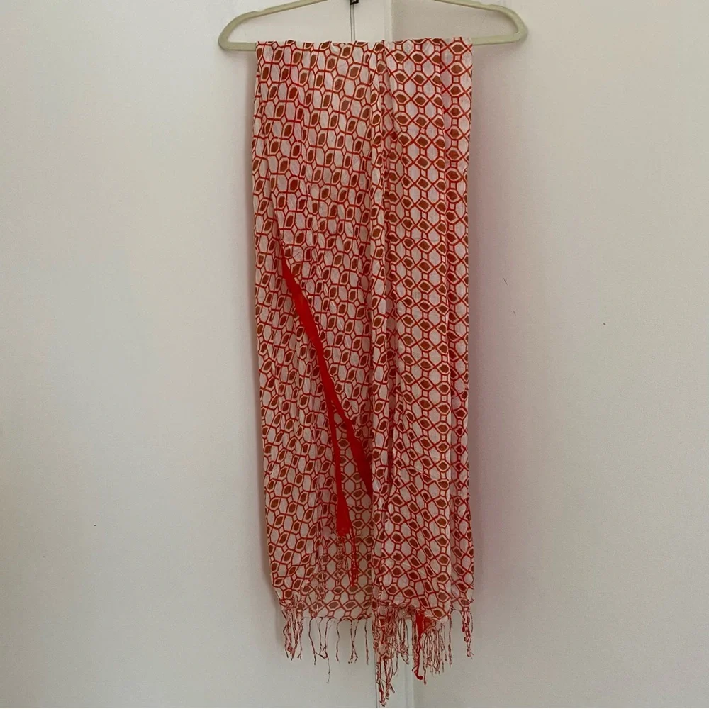 Boho Fringe Scarf Orange White Brown Geometric Rectangular Gauzy Patterned